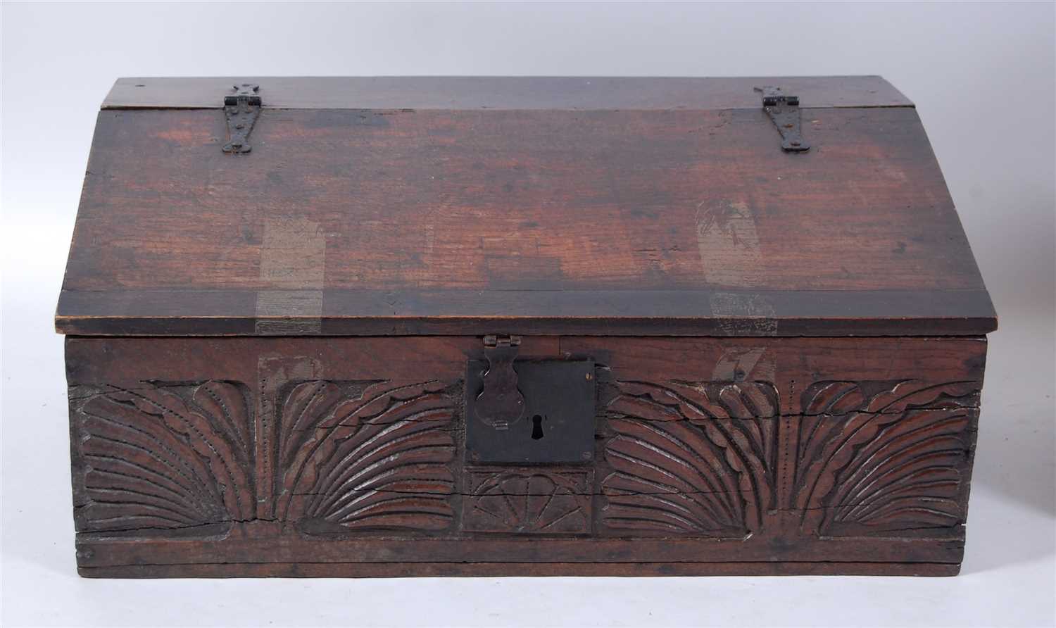 Lot 1467 - A circa 1700 and later joined oak bible box,...