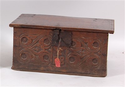 Lot 1470 - A circa 1700 joined oak Bible box, the hinged...