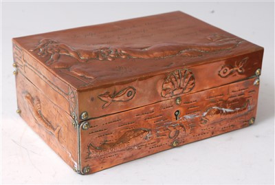 Lot 285 - An Arts & Crafts embossed copper jewellery box,...