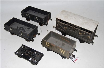 Lot 226 - Four Gauge 1 wagons, wooden, 2x Milbro NE...