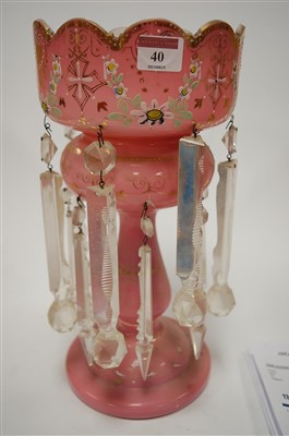 Lot 40 - A late Victorian pink glass table lustre,...