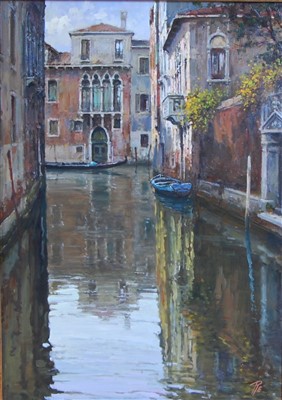 Lot 390 - Dario Re (b.1913) - A Venetian Backwater, oil...