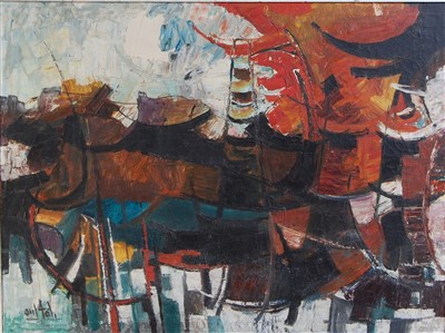 Lot 344 - Joseph Weiss (1916-2003) - Fishboats Red, oil...