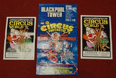 Lot 363 - A promotional poster for Circus Fantastic 75, starring Charlie Cairoli and Mary Chipperfield, Blackpool Tower, 15th May-19th June 1975, 63 x 33cm, together with two 1950's/60's promotional posters...