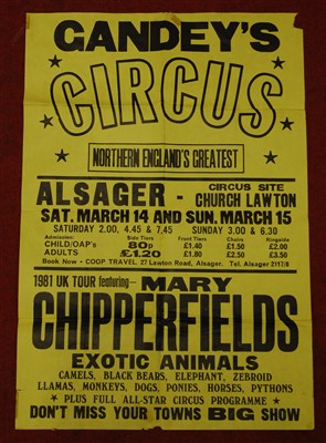 Lot 364 - A 1980's promotional poster for Gandey's Circus, featuring Mary Chipperfield's exotic animals, 14th-15th March 1981, 75 x 51cm