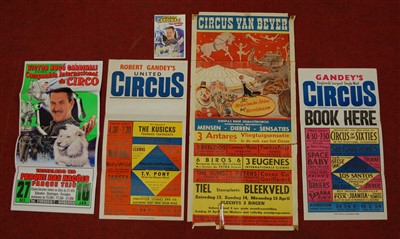 Lot 366 - A 1950's Dutch promotional poster for Circus Van Beyer, 70 x 33cm, together with a 1960's promotional poster for Gandey's Circus, printed by Duffin & son ltd, 48 x 25cm, and another 1960's promotio...