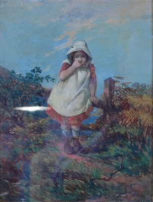 Lot 1361 - Walter Deukul - Girl by the stile, oil on...