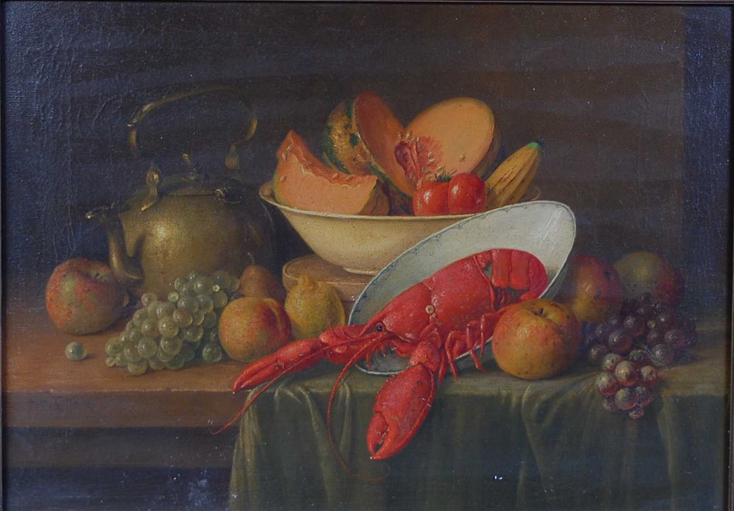 Lot 1365 - P** Cottam - Still life with fruit and lobster...