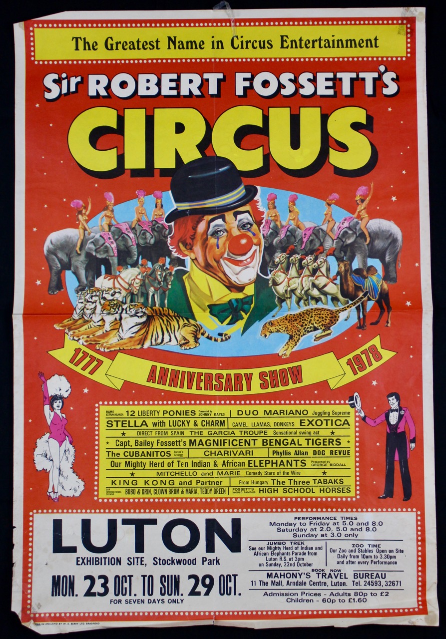 Vintage Sir Robert Fossett's Internationally Famous Circus and Zoo Poster 20 online x 30