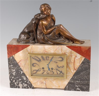 Lot 296 - An Art Deco spelter and marble mantel clock,...