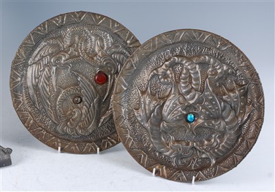 Lot 294 - A pair of Arts & Crafts embossed metal wall...