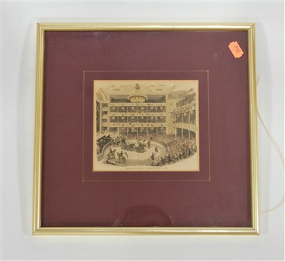 Lot 370 - A 19th century book plate showing the interior of Astley's Amphitheatre in 1843, 13 x 15cm, mounted in a gilt frame
