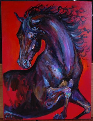 Lot 395 - Jacqui Jones (b.1961) - Rearing Horse, oil on...