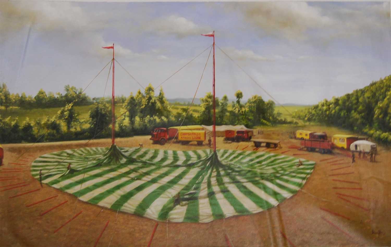 Lot 377 - Thong Sen, (20th century), raising the tent, signed lower right, oil on canvas, 49 x 79cm, unframed
