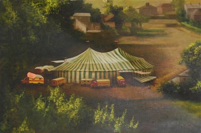 Lot 1049 - Thong Sen, (20th century), Chipperfield's tent at dusk, signed lower right, oil on canvas, 40 x 59cm, unframed