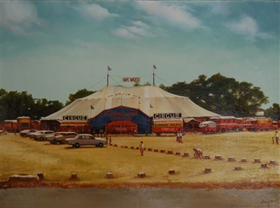 Lot 383 - Thong Sen, (20th century), Boswell-Wilkie Circus, signed lower right, oil on canvas, 44 x 59cm, unframed
