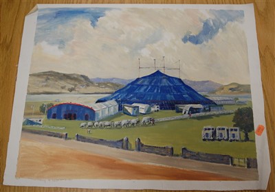 Lot 1048 - Thing Sen, (20th century), Boswell-Wilkie Circus, signed lower right, oil on canvas, 19 x 59cm, unframed