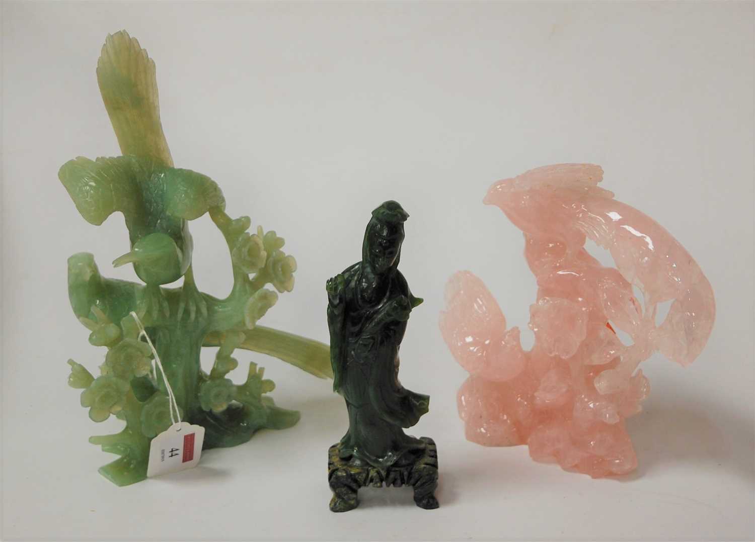 Lot 44 - A Chinese rose quartz carving, and two green...