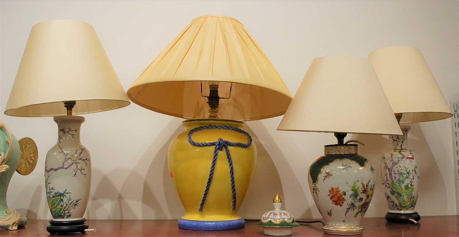 Lot 16 - A pair of Chinese porcelain table lamps, each...