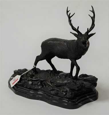 Lot 29 - After Mene, bronze stag on marble plinth,...