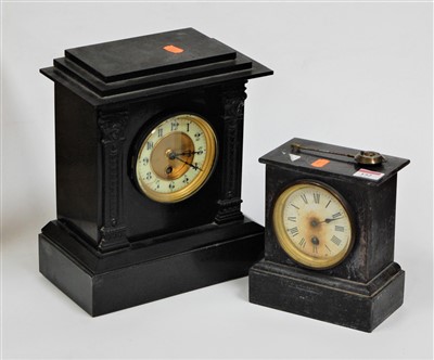 Lot 152 - A circa 1900 black polished slate mantel clock,...