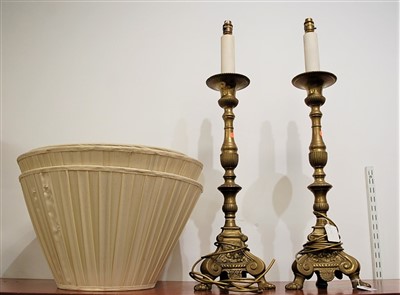 Lot 19 - A pair of large turned brass table lamps each...