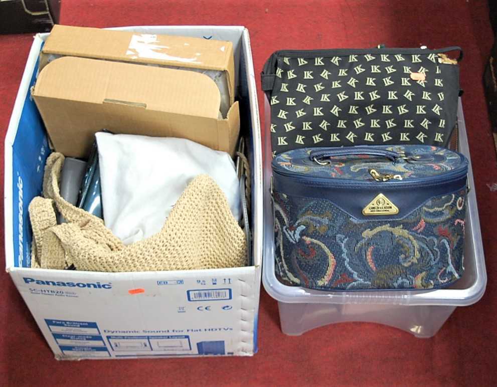 Lot 72 - Two boxes of assorted lady's handbags, luggage...