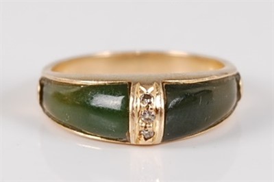Lot 2678 - A yellow metal, spinach jade and diamond ring,...