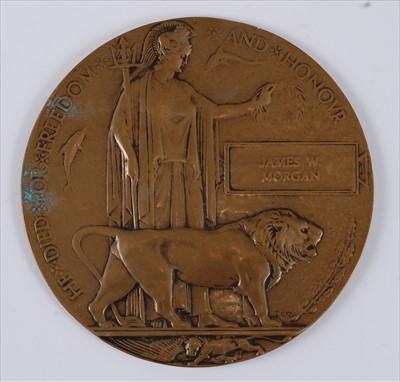 Lot 423 - A WW I bronze memorial plaque, naming James W....