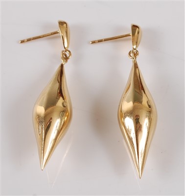 Lot 2769 - A pair of modern hollow 18ct gold ear pendants,...