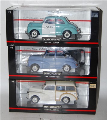 Lot 2668 - Three various boxed Minichamps Morris Minor...