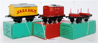 Lot 494 - Three No. 50 Hornby wagons: Saxa Salt (NM-BNM)...