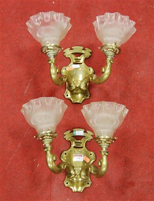 Lot 134 - A pair of brass twin sconce wall light...