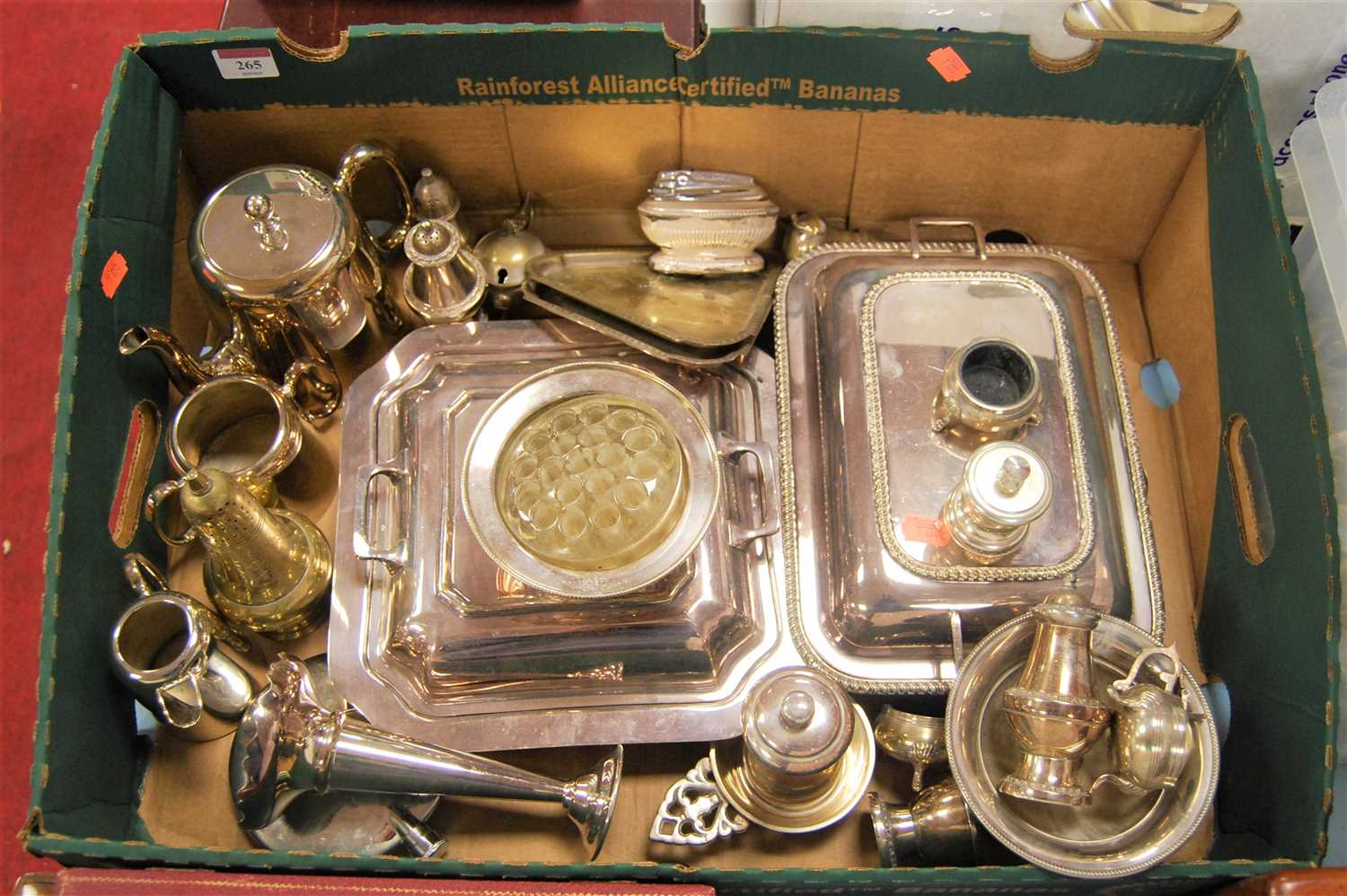 Lot 265 - A box of miscellaneous silver plate, to...
