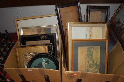 Lot 1077 - Two boxes of assorted pictures and prints, to...