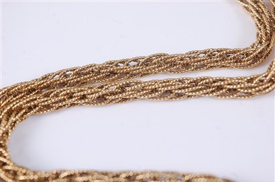 Lot 2128 - An 18ct yellow gold multi-strand necklet, with...