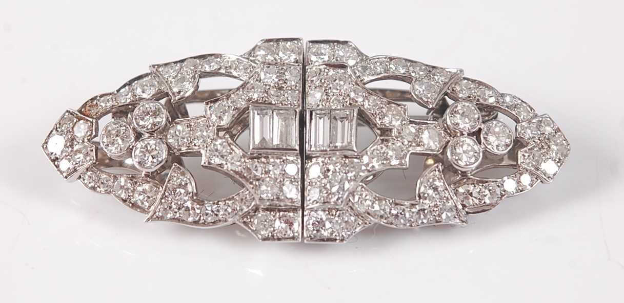 Lot 2129 - A white metal oblong Art Deco style diamond...