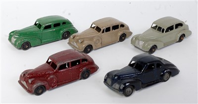 Lot 2043 - Five various loose Dinky Toy playworn saloons...