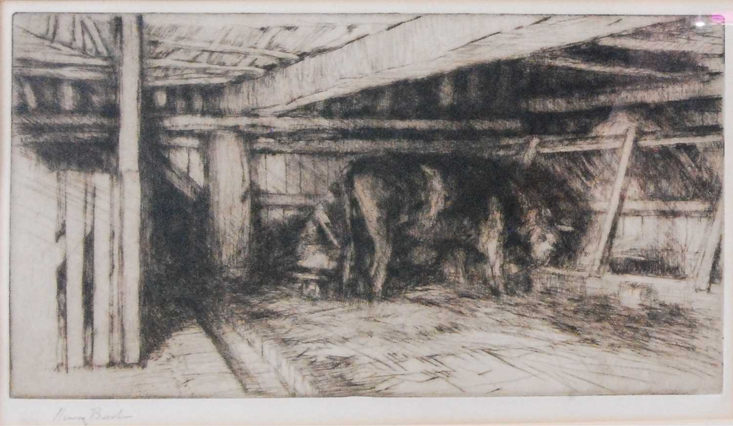Lot 2390 - Harry Becker (1865-1928) - Milking in the barn,...