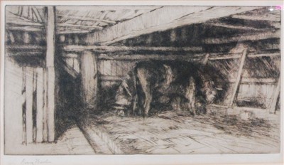 Lot 2390 - Harry Becker (1865-1928) - Milking in the barn,...