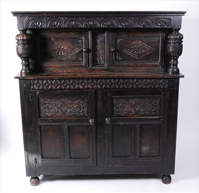 Lot 2544 - An antique joined oak court cupboard, having a...