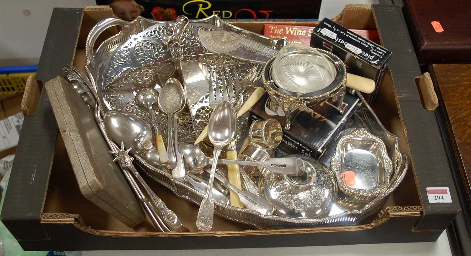 Lot 294 - A box of miscellaneous silver plated wares, to...