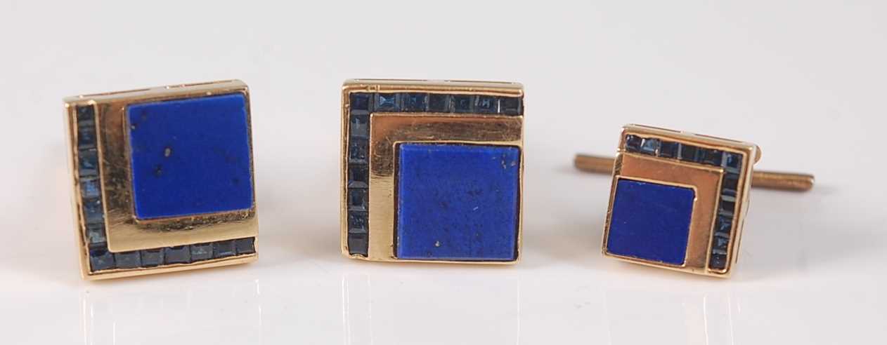 Lot 2126 - A yellow metal, lapis and sapphire cufflink...