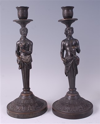 Lot 2279 - A pair of circa 1900 bronze figural candle...