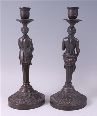 Lot 2279 - A pair of circa 1900 bronze figural candle...