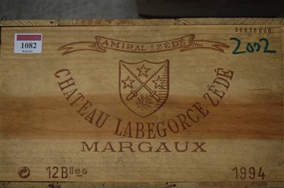 Lot 1082 - Château Labegorce Zédé, 1994, Margaux, twelve...
