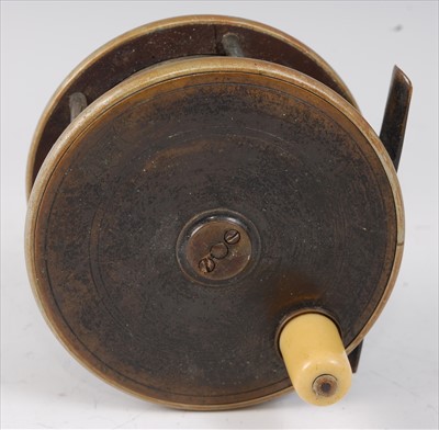 Lot 489 - An F.D. Malloch brass 4" centre pin reel with ebonite handle