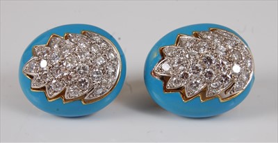 Lot 2209 - A pair of 18ct gold, diamond and turquoise...