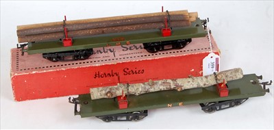Lot 359 - Two Hornby No. 2 lumber wagons: 1925-30 LMS...