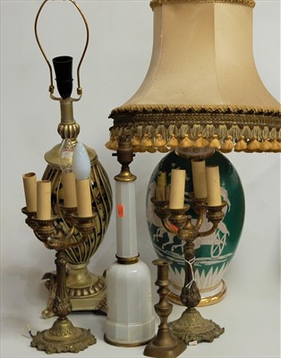 Lot 107 - A pair of brass four sconce table light...